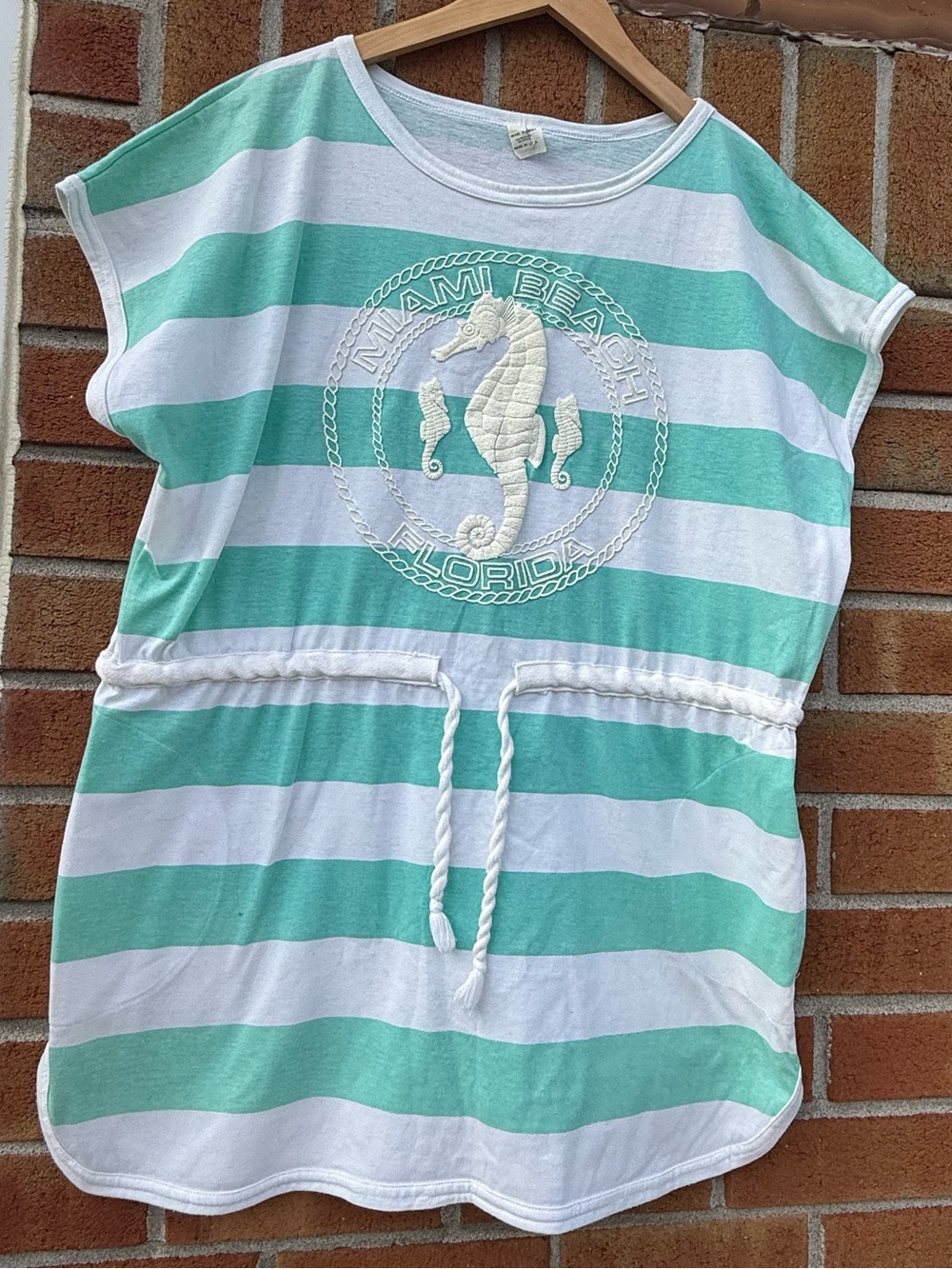 Miami Beach Seahorse Striped Dress- Mint & White